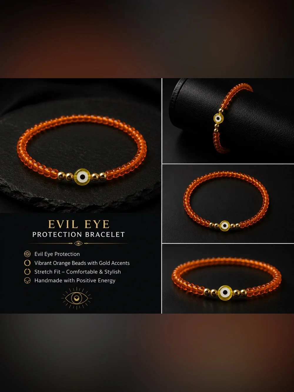 Evil Eye Orange Beaded Bracelet with Gold Accents #31